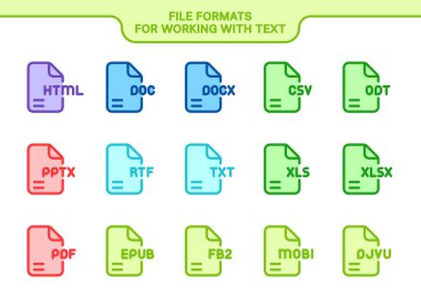 Vektör simgesi ayarlandı. Metin ve okuma ile çalışmak için dosya biçimleri. Çizgi renk koleksiyonu: html, doc, docx, csv, odt, pptx, rtf, txt, xls, xlsx, pdf, epub, fb2, mobi, djvu