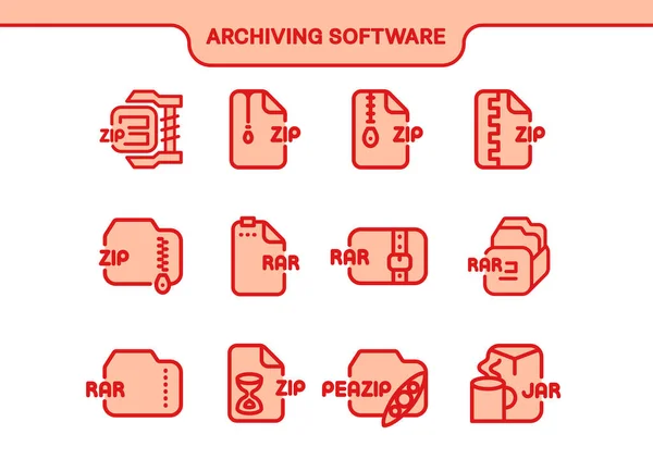 Wektor Prosty Zestaw Ikon Archiwizacja Kolekcji Linii Oprogramowania Rar Zip — Wektor stockowy