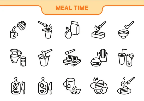 Food Vector Icon Set Meal Time Line Collection Tea Noodles — 스톡 벡터