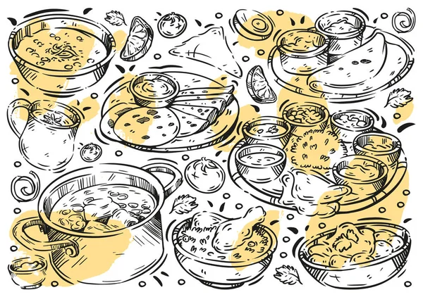Linha Vetorial Desenhada Mão Ilustração Alimentos Placa Branca Doodle Cozinha — Vetor de Stock