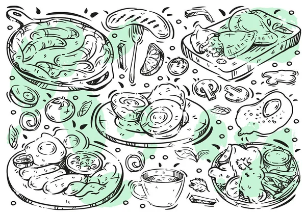 Kézzel Húzott Vektor Vonal Illusztráció Élelmiszer Fehér Táblán Doodle Brit — Stock Vector