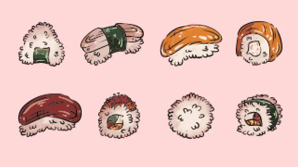 Pixel Kunst Pictogrammen Japanse Kawaii Sushi Roll Illustratie Aziatisch Eten — Stockfoto