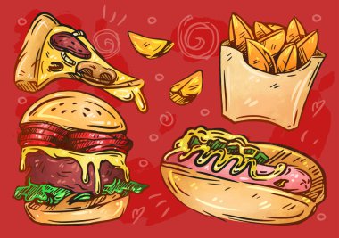 Fast food illüstrasyonu. El yapımı eskiz. Pizza, burger, kırsal patates, sosisli sandviç. Sokak yemekleri koleksiyonu, menü tasarımı. Vektör renk seti