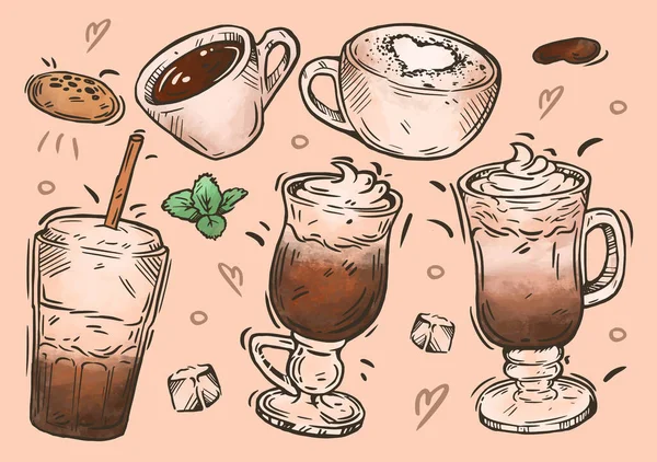 コーヒーイラスト 手描きスケッチ カプチーノ アメリカーノ エスプレッソ ウィーンコーヒー コレクションカードメニューのデザインを飲む ベクトルカラーセット — ストックベクタ