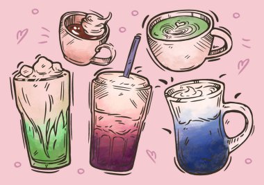 Renkli kahve illüstrasyonu. El çizimi eskiz. Cappuccino, latte, americano, espresso, Viyana kahvesi, matcha çayı. Koleksiyon kartı tasarımı için. Vektör rengi ayarlandı. Yeşil, mavi, pembe.