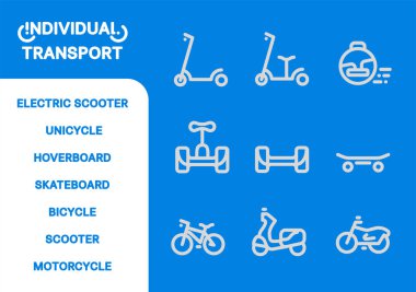 Basit vektör simgesi çizgisi ayarlandı. Bireysel ulaşım koleksiyonu: elektrikli scooter, tek tekerlekli bisiklet, hava kaykayı, kaykay, bisiklet, scooter, motosiklet.