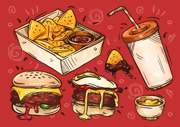 Fast Food Illustratie Met Hand Getekend Nacho Barbecuesaus Mosterd Soda — Stockvector