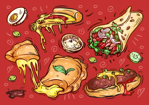 Illustration Restauration Rapide Croquis Dessiné Main Pizza Calzone Sandwich Gyros — Image vectorielle