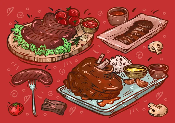食べ物のイラスト 手描きスケッチ ドラムスティック 狩猟ソーセージ マスタードソース ケチャップ ライス ベーコン トマト サラダ — ストックベクタ