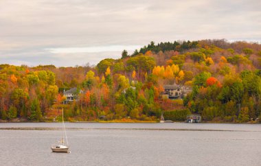 Fall colours along the Gatineau river reflected in water, Quebec, Canada