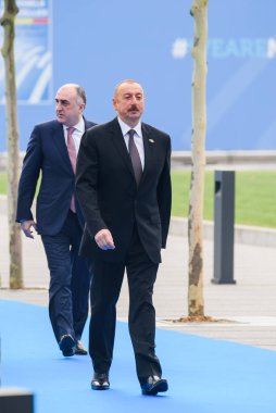 BRÜZSEL, BELGIUM. 12 Temmuz 2018. Azerbaycan Cumhurbaşkanı Ilham Aliyev, NATO 'ya (Kuzey Atlantik Antlaşma Örgütü) gelen Dünya liderleri sırasında SUMIT 2018.