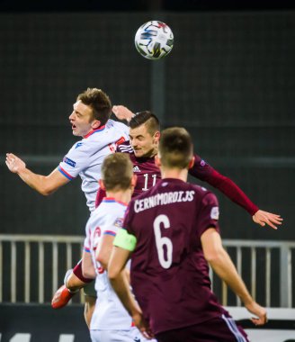 RIGA, LATVIA. 14 Kasım 2020. RIGA, LATVIA. UEFA Ulusal Futbol Takımı Letonya ve Faroe Adaları arasında oynanan Lider Maçı.