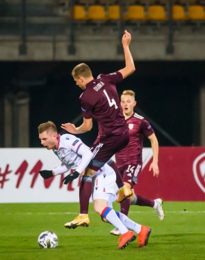 RIGA, LATVIA. 14 Kasım 2020. RIGA, LATVIA. UEFA Ulusal Futbol Takımı Letonya ve Faroe Adaları arasında oynanan Lider Maçı.