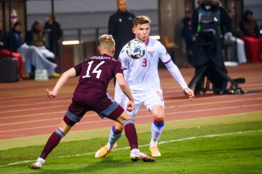 RIGA, LATVIA. 14 Kasım 2020. RIGA, LATVIA. UEFA Ulusal Futbol Takımı Letonya ve Faroe Adaları arasında oynanan Lider Maçı.