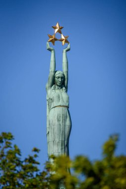 RIGA, LATVIA. 28 Ekim 2020. Seçici odak fotoğrafı. Özgürlük Anıtı.
