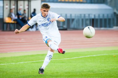 RIGA, LATVIA. 12 Ağustos 2021. UEFA Avrupa Konferansı Ligi RFS ve GENT arasındaki Üçüncü Ön eleme Turu.
