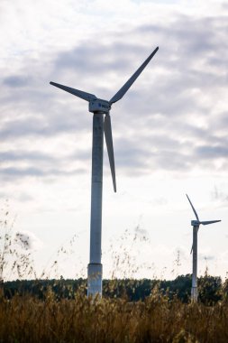 ALSUNGA, LATVIA. 10 Ağustos 2025. WES Rüzgar türbinleri çayır üzerinde.