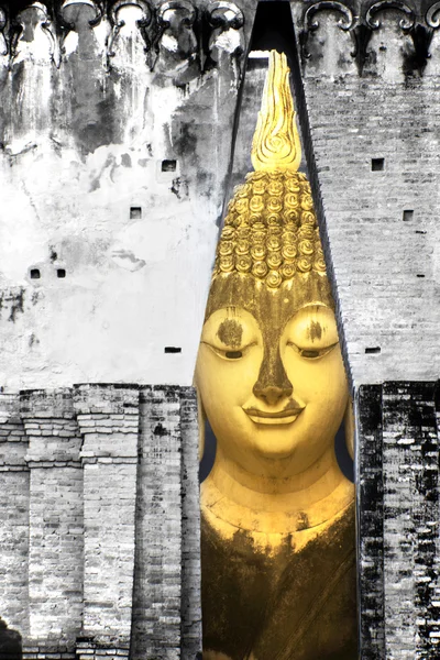 Statua in oro Buddha primo piano nel muro — Foto Stock