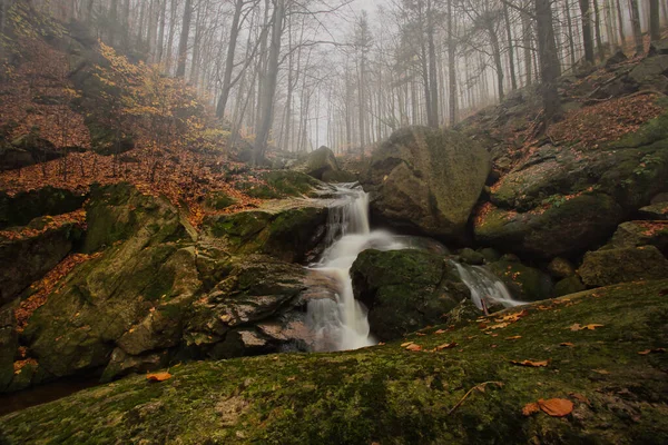 Őszi Hosszú Expozíció Patak Fekete Nagy Stolpich Vízesések Jizera Mountain — Stock Fotó