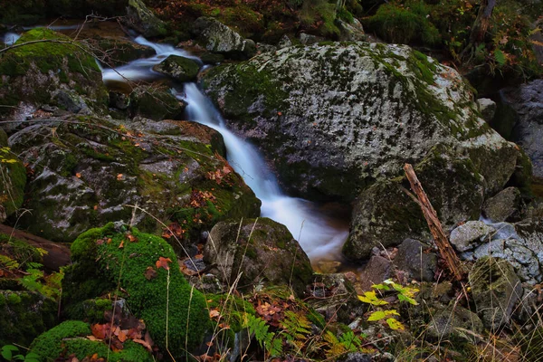 Őszi Hosszú Expozíció Patak Fekete Nagy Stolpich Vízesések Jizera Mountain — Stock Fotó