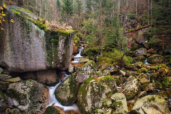 Autumn Long Exposure Creek Black Big Stolpich Waterfalls Jizera Mountain — Photo