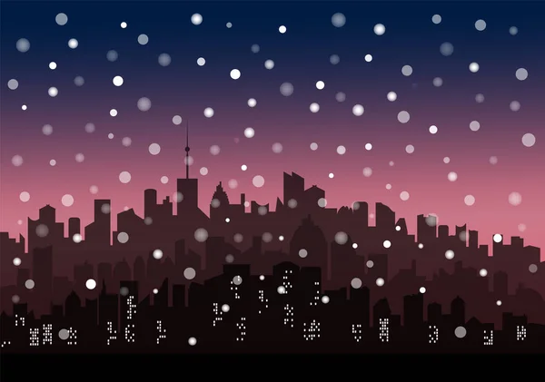 近代的な都市のJpeg雪の風景。日没や日の出で雪のフレークとスカイラインの壁紙。冬の街並みシルエット — ストック写真