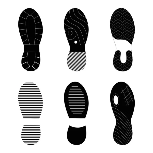 Black Footprint Shoes Sneakers Collection Various Isolated Silhouettes Imprint Soles — Stock Photo, Image