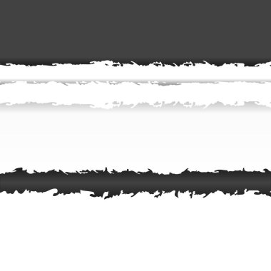 Beyaz arka planda yumuşak gölgesi olan yırtık siyah ve beyaz kağıt parçaları. Yırtılmış yatay kağıt parçaları. Jpeg illüstrasyonu