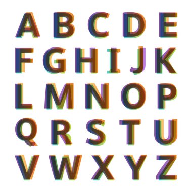 Alfabe farklı retro renklerden katlanmış. Beyaz arkaplanda izole edilmiş renk şeffaflığı biçimindeki harf. Sözcü illüstrasyonu