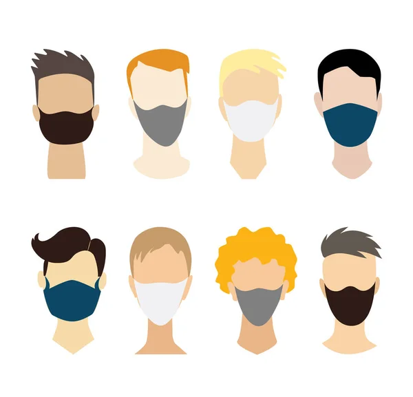 Os homens enfrentam a coleção sem olhos com uma máscara médica. Vector meninos avatar set com estilo de cabelo diferente. Conceito plano para prevenir vírus COVID-19 — Vetor de Stock