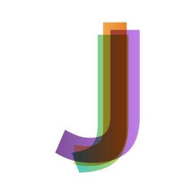 Beyaz arkaplanda izole edilmiş renk şeffaflığı biçiminde J harfi. Alfabe farklı retro renklerden katlanmış. Jpeg illüstrasyonu.