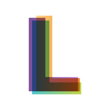 Üstüste renk şeffaflığı biçiminde L harfi beyaz arkaplanda izole edilmiştir. Alfabe farklı retro renklerden katlanmış. Jpeg illüstrasyonu.