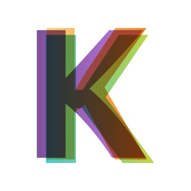 Beyaz arkaplanda izole edilmiş renk şeffaflığı biçiminde K harfi. Alfabe farklı retro renklerden katlanmış. Jpeg illüstrasyonu.