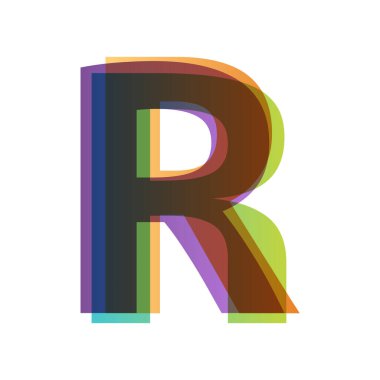 Renk şeffaflığı biçiminde R harfi beyaz arkaplanda izole edilmiştir. Alfabe farklı retro renklerden katlanmış. Jpeg illüstrasyonu.