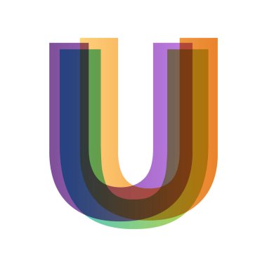 Üstüste renk şeffaflığı biçiminde U harfi beyaz arkaplanda izole edildi. Alfabe farklı retro renklerden katlanmış. Jpeg illüstrasyonu.