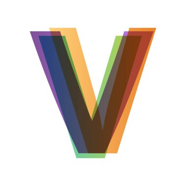 Üstüste renk şeffaflığı biçiminde V harfi beyaz arkaplanda izole edildi. Alfabe farklı retro renklerden katlanmış. Jpeg illüstrasyonu.