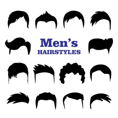 Bir dizi erkek saç stili. Beyaz arka planda izole edilmiş siyah siluetli, şık erkek tıraşlı bir tasarımcı. Moda el çizimi vektör çizimi