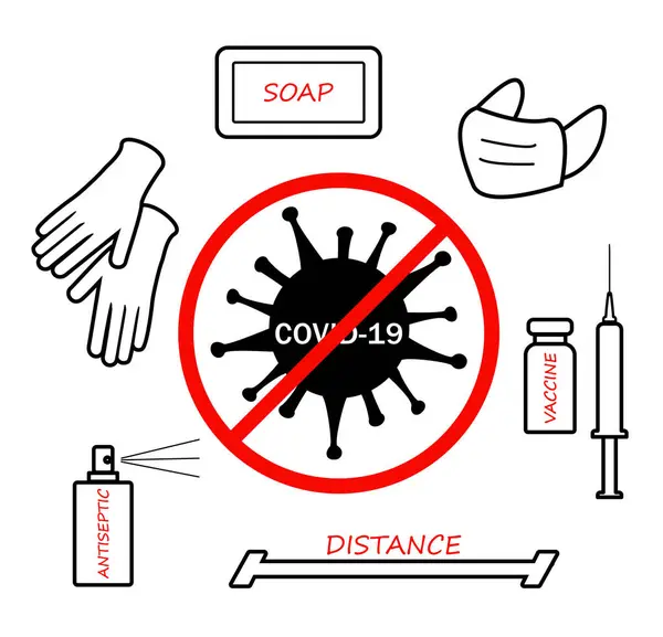 Правила запобігання коронавірусної концепції поширення носіння медичної маски, миття рук, використання антисептиків і рукавичок, підтримка дистанції, вакцина. Векторні начерки піктограм, що показують профілактику коронавірусної хвороби . — стоковий вектор