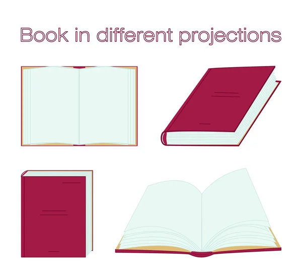 Livre rouge en différentes projections. Vecteur livres ouverts et fermés dans différentes positions. Icônes isolées d'étude, de bibliothèque et d'éducation dans un style plat — Image vectorielle