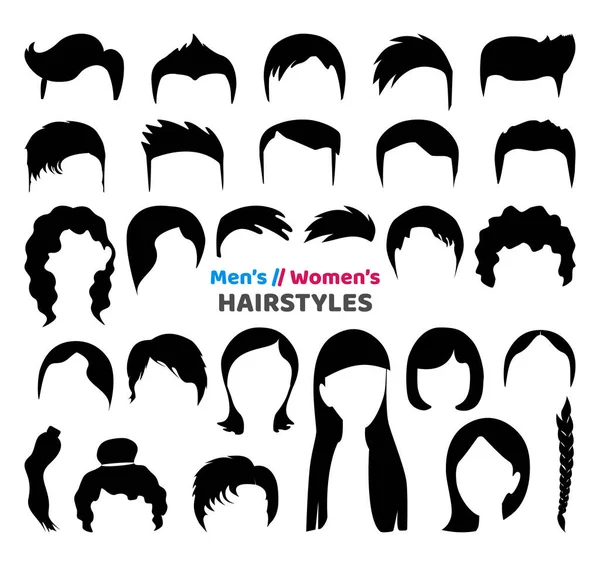 Grande coleção de silhuetas de cabelo preto de cortes de cabelo na moda ou penteados para homens ou meninas, isolado no fundo branco. Moda mão desenhada ilustração vetorial — Vetor de Stock