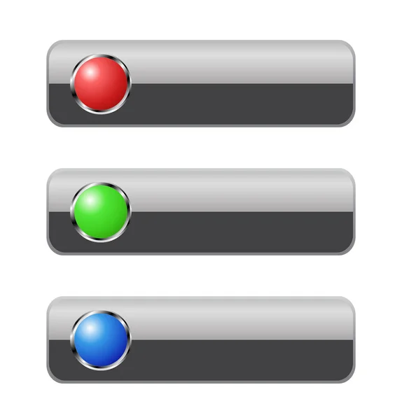 空白按钮模拟设置。网上购物用的有光泽的篮子按钮有蓝色、绿色、红色三种颜色。用于设计Jpeg示例的模板 — 图库照片