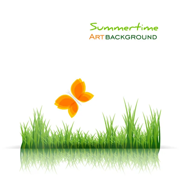 Green grass border and orange butterfly on white background. Spring or summer landscape natural banner. Flat vector eco illustration in minimalist design — Stock Vector