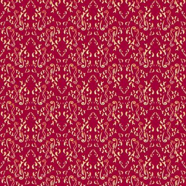 Kusursuz damaske çiçekli desen. Barok duvar kağıdı. Kırmızı arka planda klasik altın süs. Jpeg illüstrasyonu.