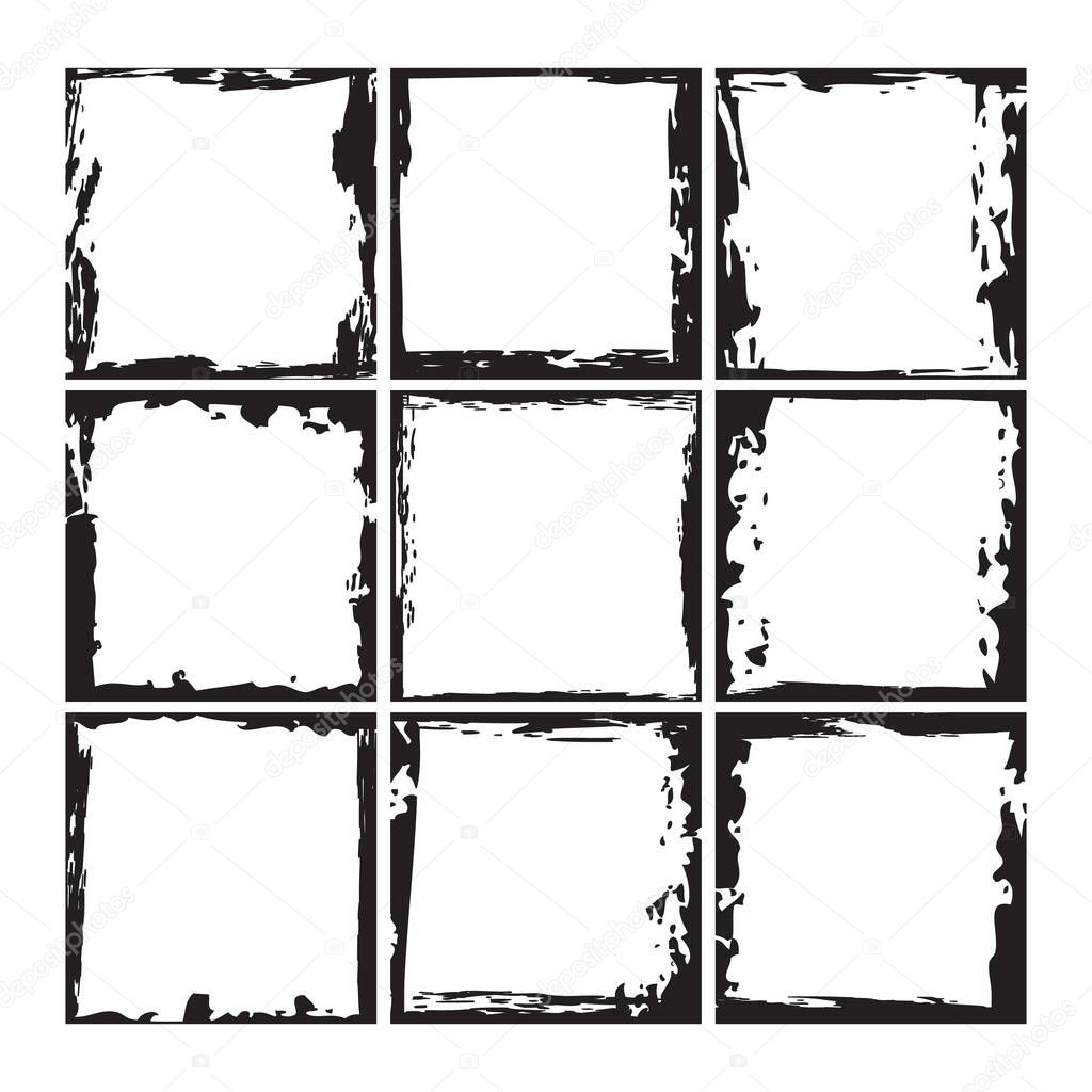 Black ink square grunge frames collection. Vintage photo frames template set. Messy design border. Jpeg illustration.