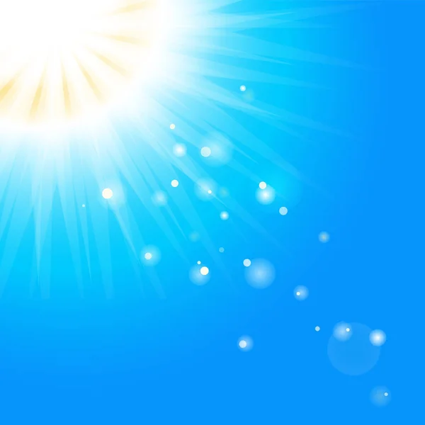 Sun with sun rays and bokeh blurs on blue background. Beautiful sunny banner with sunburst sunbeams. Dazzling sunshine sky illustration. Jpeg