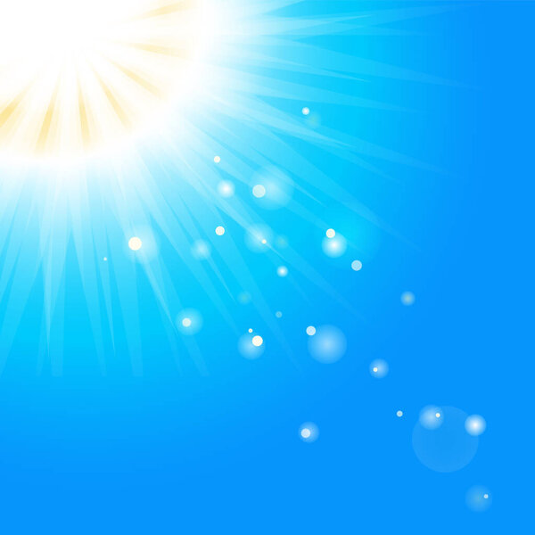 Солнце с солнечными лучами и боке размывается на синем фоне. Красивое солнечное знамя с солнечными лучами солнца. Ослепительная иллюстрация солнечного неба. Jpeg