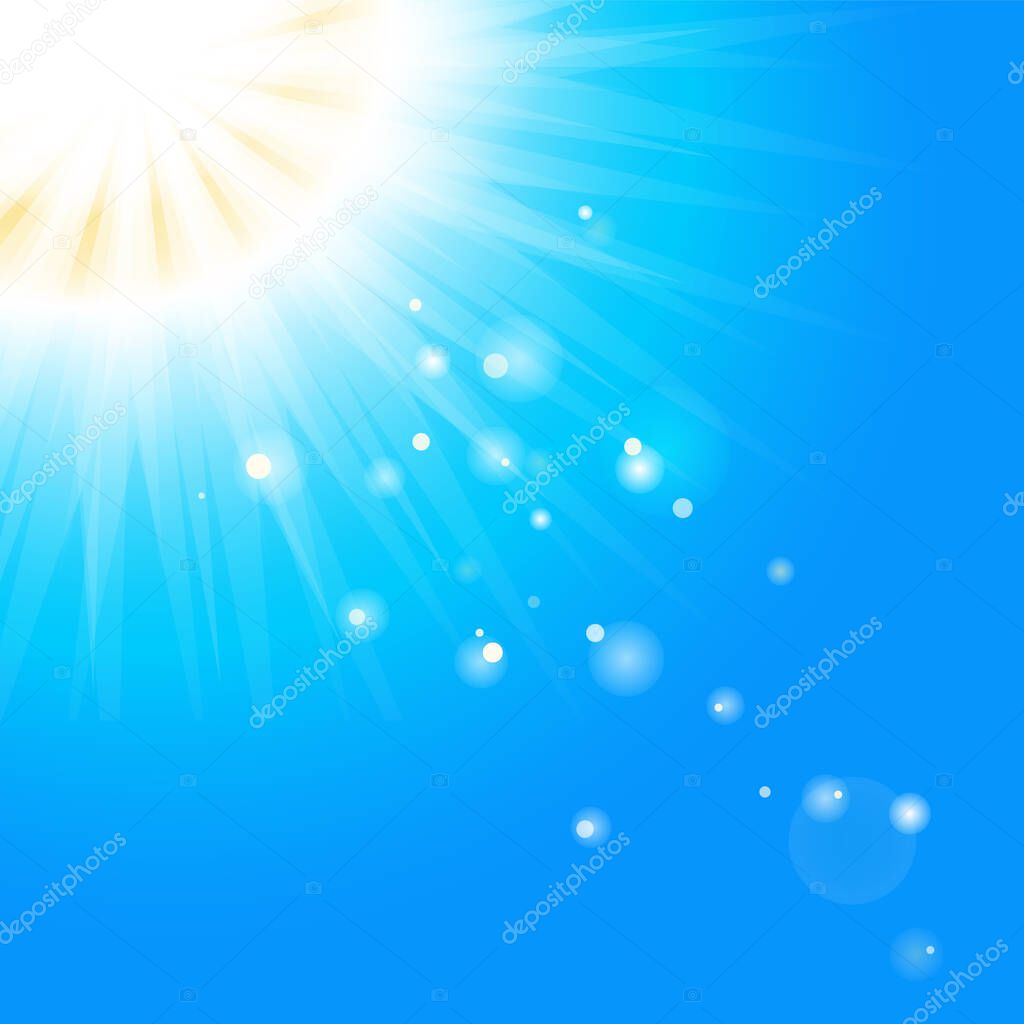 Sun with sun rays and bokeh blurs on blue background. Beautiful sunny banner with sunburst sunbeams. Dazzling sunshine sky illustration. Jpeg