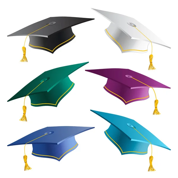 Doktorand mössor samling i olika färger. Uppsättning av 3D realistiska gradering hattar isolerad på vit bakgrund. Vektor fyrkantig symbol utbildning enhetlig — Stock vektor