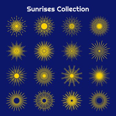 Patlayan güneş ışınları dizisi yıldız patlaması düz çizgi film ikonu. Grafik sembolü farklı gün doğumu, gün batımı. Logotype, amblem, logo, etiket, pul, bayrak için dekoratif ögeler