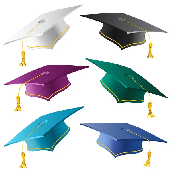 Colección de gorras de estudiante graduado en diferentes colores. Conjunto de sombreros de graduación realistas aislados sobre fondo blanco. Símbolo cuadrado uniforme de educación. Ilustración Jpeg — Foto de Stock